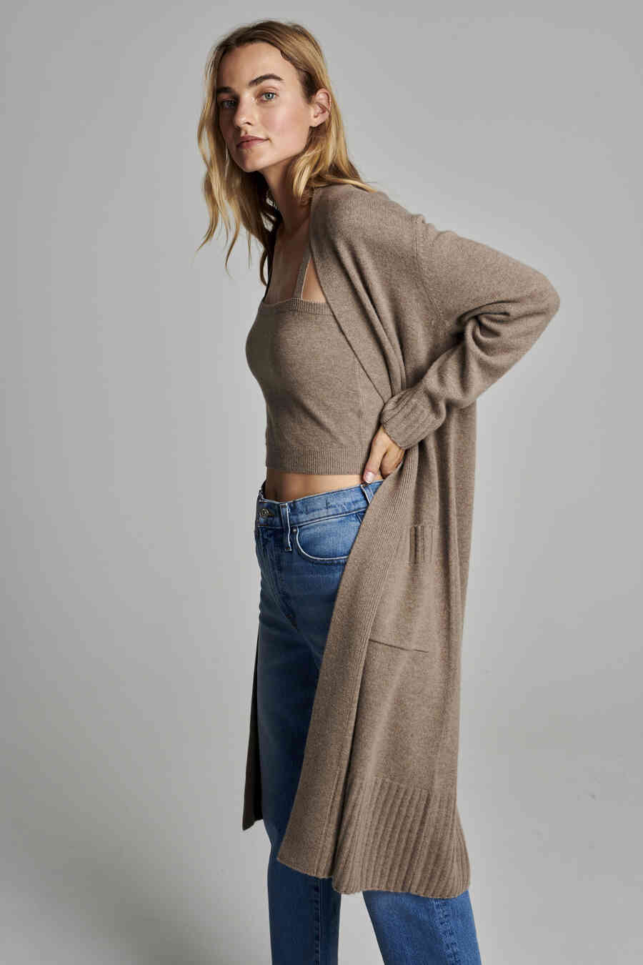 Organic cashmere cardigan with ribbed shawl collar image number 1