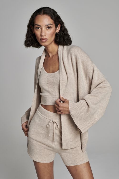 Offene Kaschmir-Strickjacke mit weiten &Auml;rmeln und Taschen