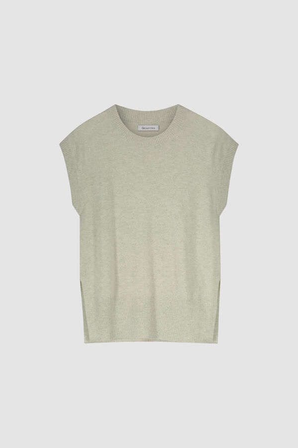 Sleeveless round neck cashmere sweater with side slits