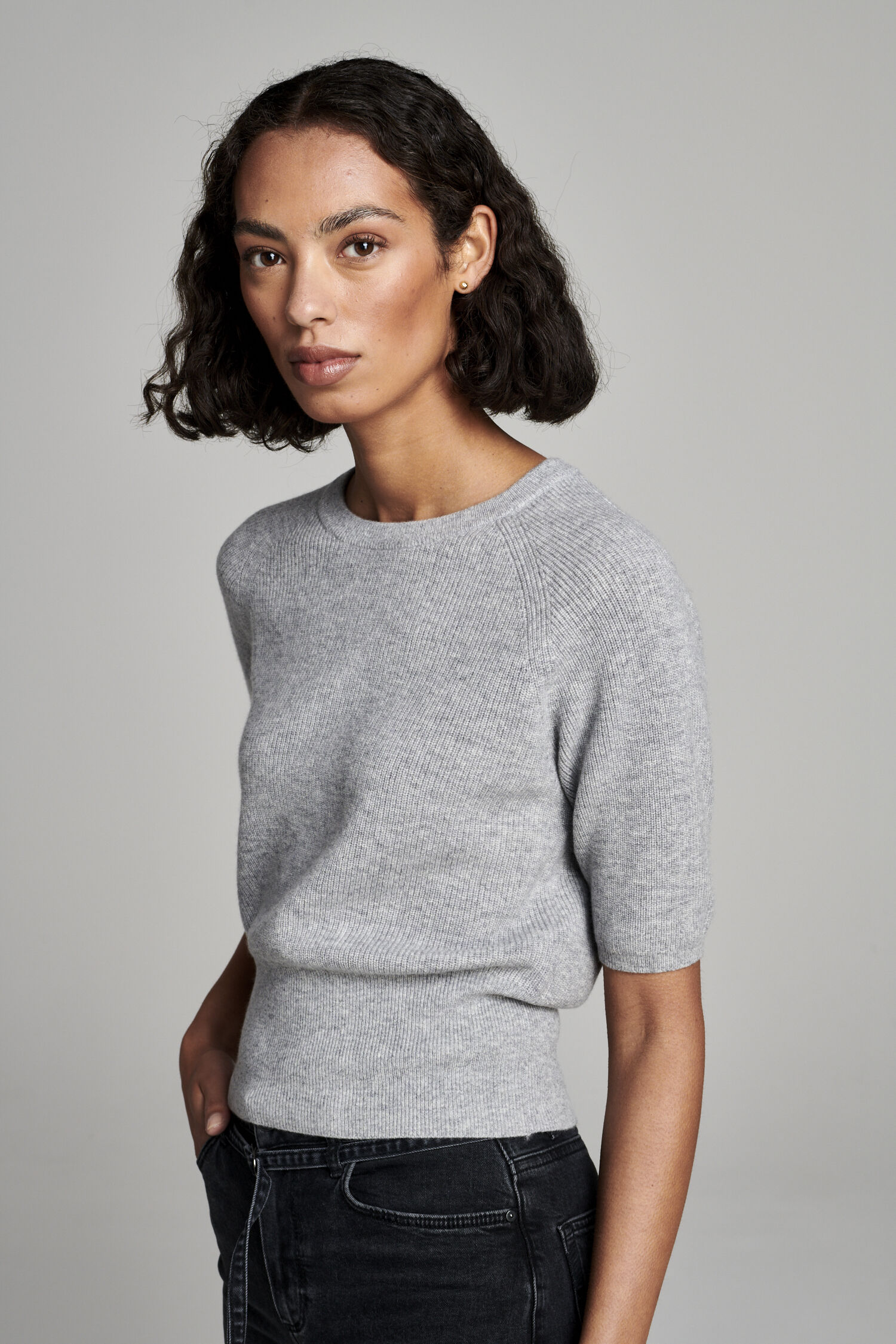 Cashmere rib knit short sleeve sweater | GoCashmere
