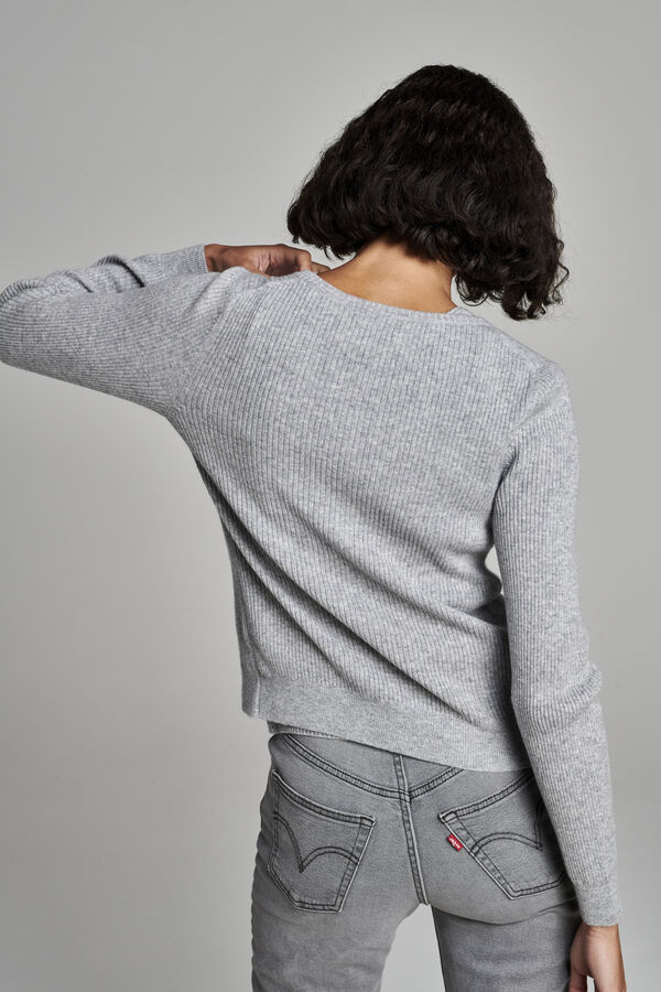 Fine rib knit cashmere round neck cardigan image number 2