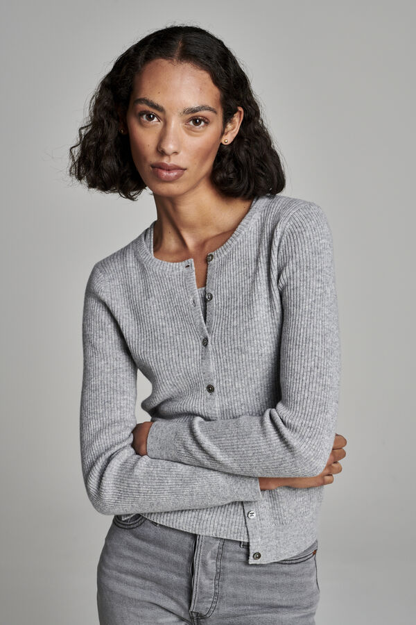 Fine rib knit cashmere round neck cardigan image number 4