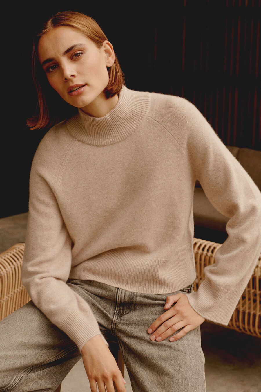 Wide sleeve stand collar cashmere sweater image number 0